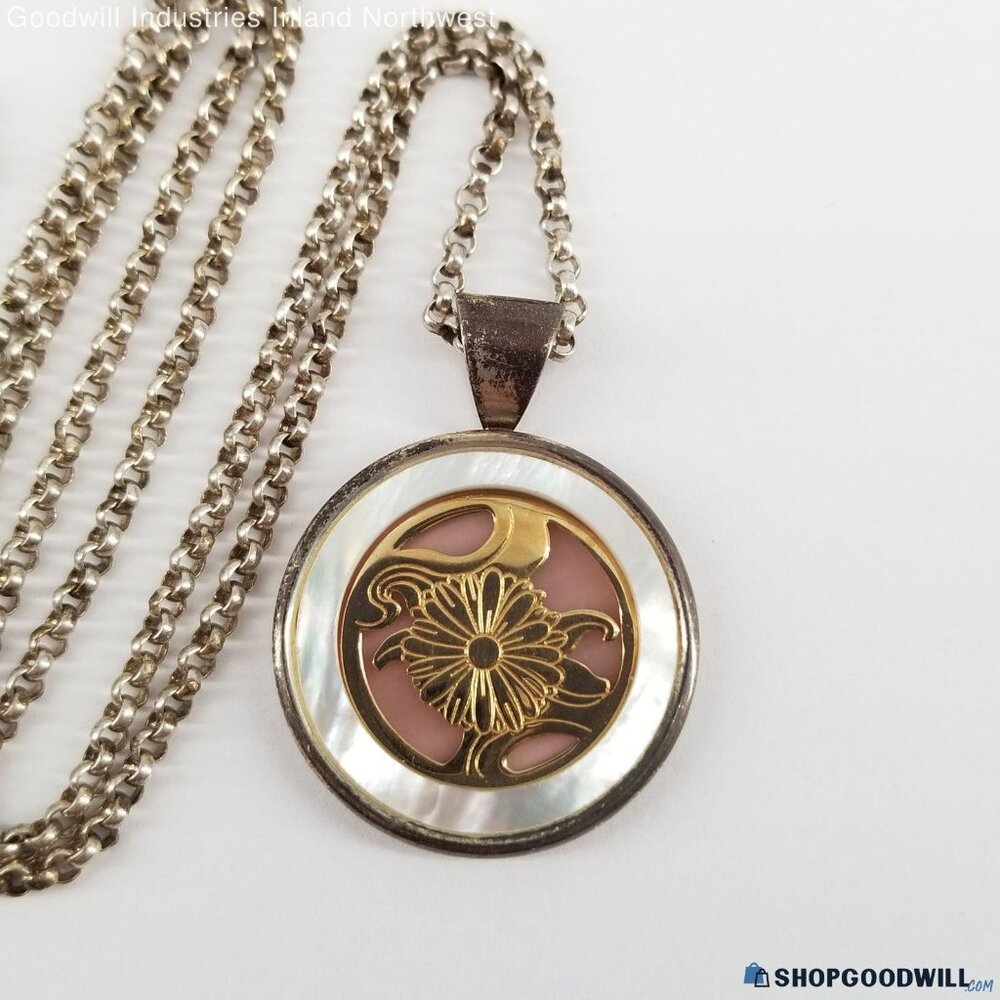 Sterling Silver &14K Gold Mother of Pearl OCTOBER Marigold Flower Necklace